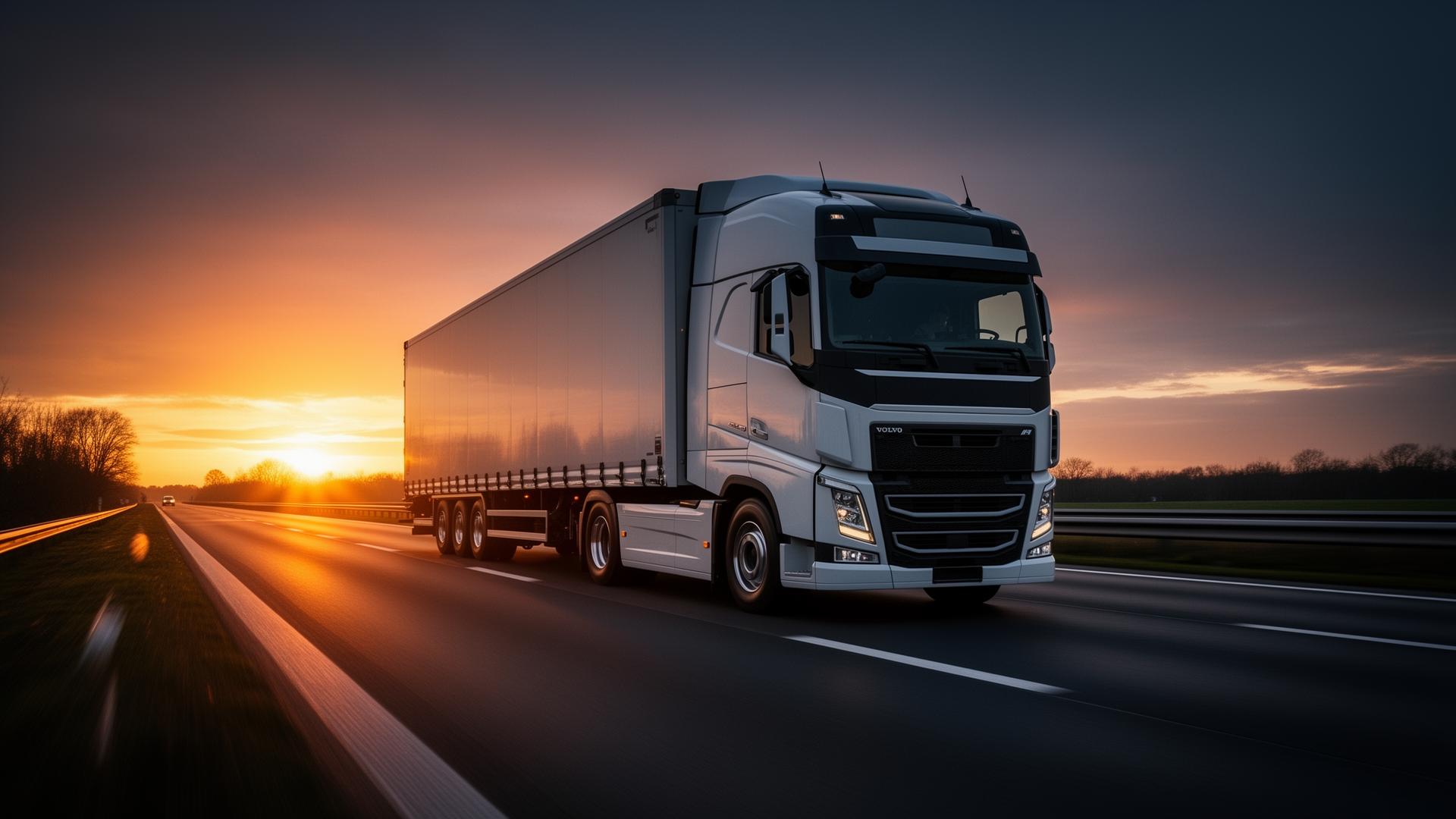 Vrachtwagen op de Nederlandse snelweg bij zonsondergang